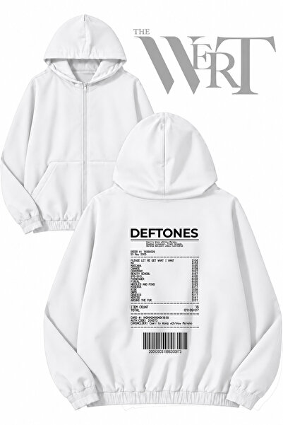 THEWERT Deftones 12 Cardigan alb cu glugă și fermoar imprimat pe spate (2 fire)