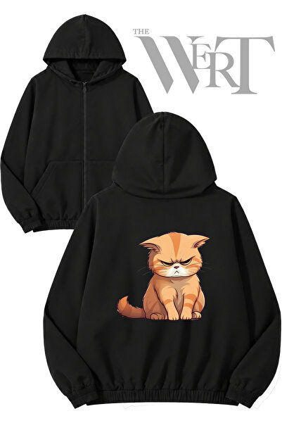 THEWERT Angry Cat Back Printed Zippered Hooded Black Cardigan (2 Yarns)