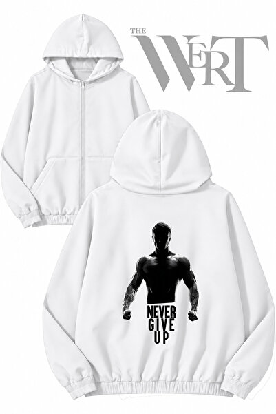 THEWERT Gym Never Give up 5 Back Printed Zippered Hooded White Cardigan (2 Yarn)