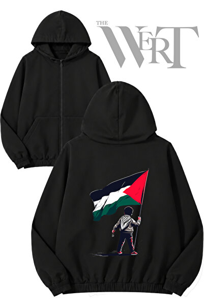 THEWERT Palestine 2 Cardigan negru cu glugă și fermoar imprimat pe spate (2 f...