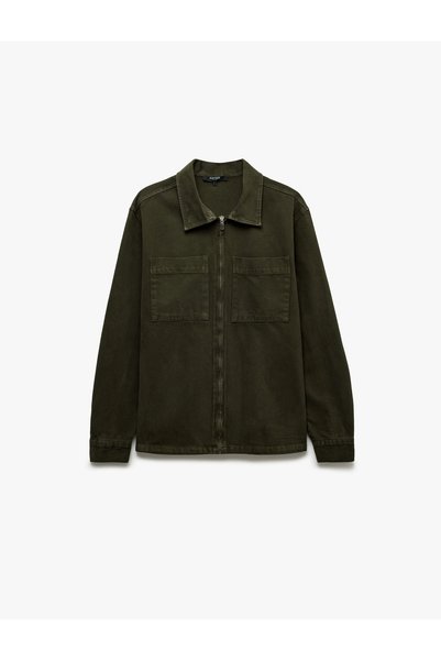 Koton Classic Collar Long Sleeve Zippered Gabardine Shirt Jacket with Pockets