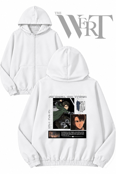 THEWERT سترة Attack On Titan Levi6 بيضاء اللون مع غطاء رأس وسحاب وطباعة على ا...