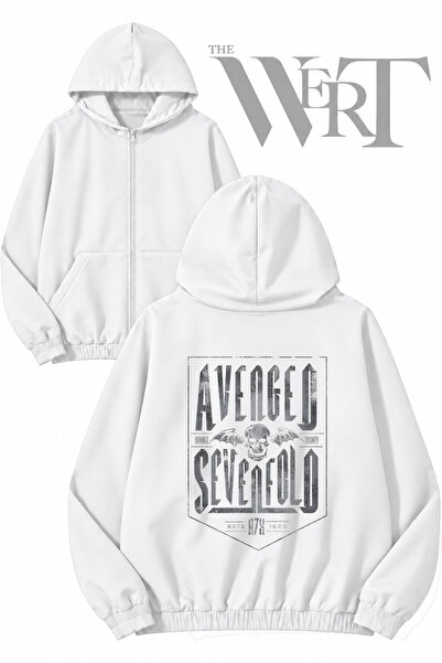 THEWERT Avenged Sevenfold 2 Cardigan alb cu glugă și fermoar imprimat pe spat...