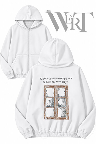 THEWERT Cardigan alb cu glugă și fermoar, imprimat pe spate cu model Broken W...
