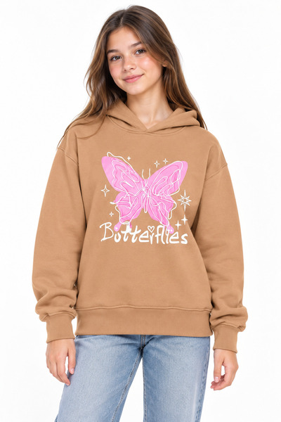 PEMBE LİFE 21510-26 Girl's 2-Thread Raster Butterfly Printed Hooded Sweatshirt 13–16 Years
