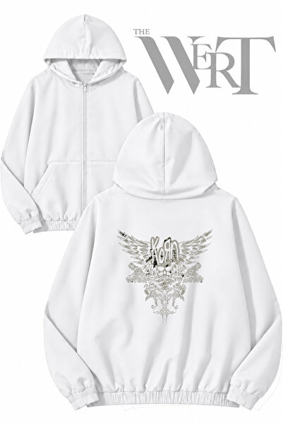 THEWERT Korn Back Printed Zippered Hooded White Cardigan (2 Yarns)