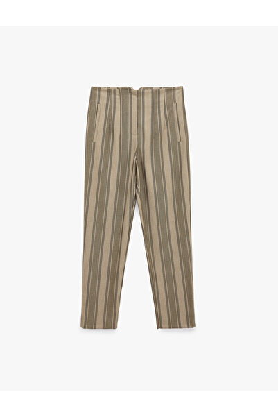 Koton Extra High Waist Slim Fit Striped Trousers with Pockets