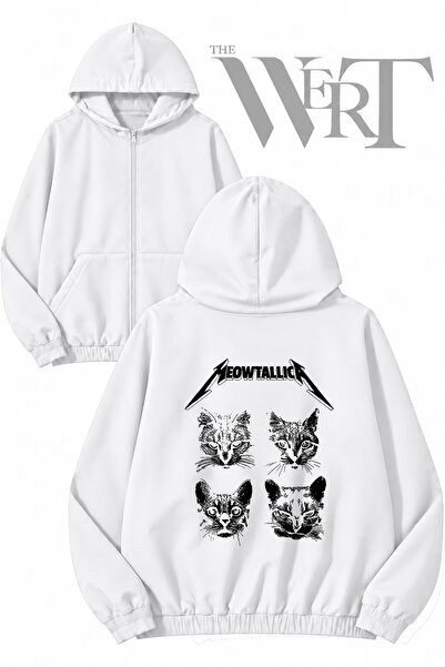 THEWERT Meowtallıca Catanısm Back Printed Zippered Hooded White Cardigan (2 Y...