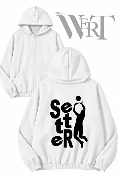 THEWERT سترة بيضاء بقلنسوة وسحاب وطباعة على الظهر من Volleyball Setter (2 خيط)