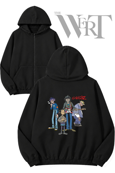 THEWERT Gorillaz Self Titled Back Printed Zippered Hooded Black Cardigan (2 Y...