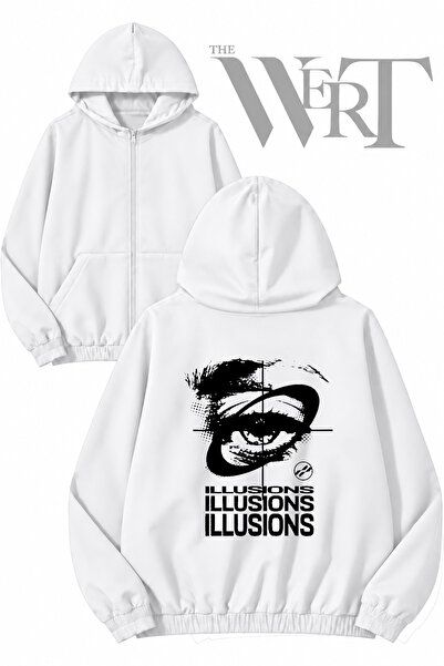 THEWERT Illusions Back Printed Zippered Hooded White Cardigan (2 Yarns)
