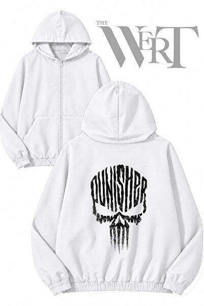 THEWERT Punisher Back Printed Zippered Hooded White Cardigan (2 Yarns)