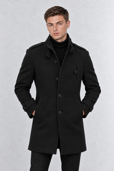 GOOD FASHION Men's Slim Fit Cashmere Coat with Stand Collar and Epaulet Detail