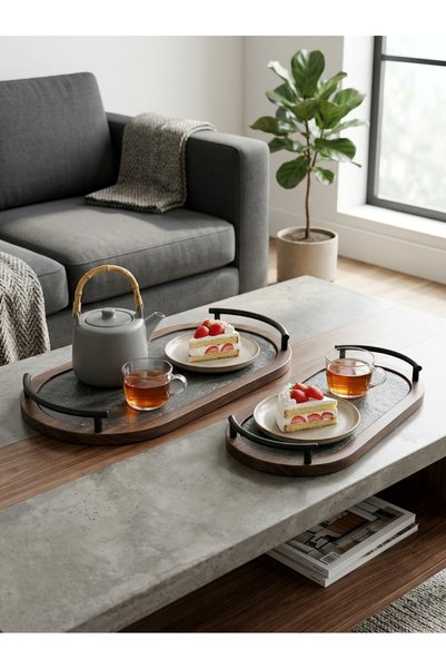 Generic Dark Wood Grain Pattern Serving Tray Set