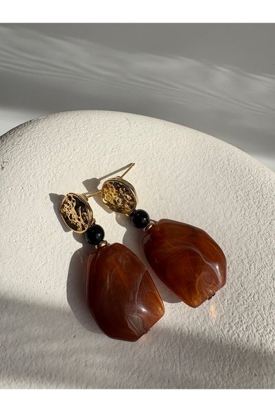 BHR AKSESUAR Gold Color Brown Dangle Earrings (4.3 cm)