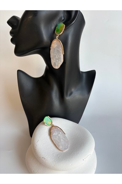 BHR AKSESUAR Gold Color Green White Enamel Dangle Earrings (7.5 cm)