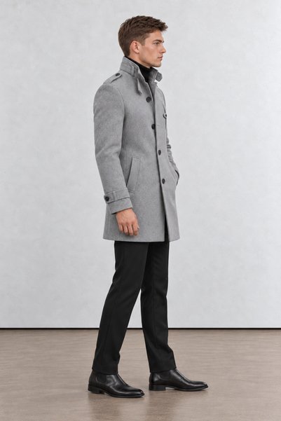 GOOD FASHION Men's Slim Fit Cashmere Coat with Stand Collar and Epaulet Detail