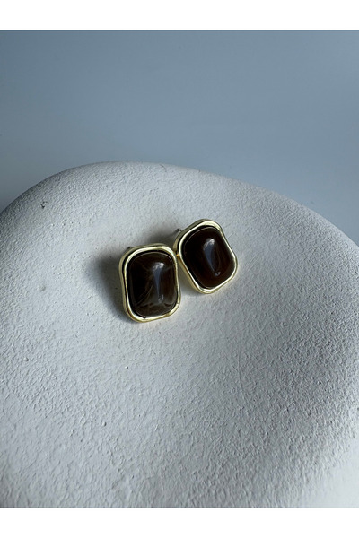 BHR AKSESUAR Gold Color Brown Tiny Retro Earrings (1.8 cm)