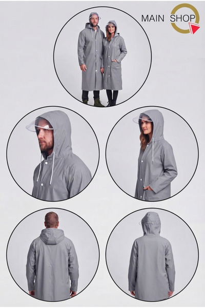 MAİN SHOP Unisex Gray Water and Wind Resistant Raincoat with Visor, Hood, Sna...