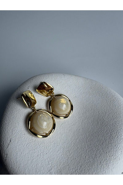 BHR AKSESUAR Gold Color Cream Dangle Earrings (4.2 cm)