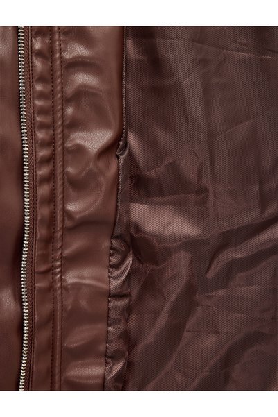 Koton Jachetă crop din piele artificială, cu mâneci lungi, fără umăr, cu buzunare și fermoar, cu guler înalt