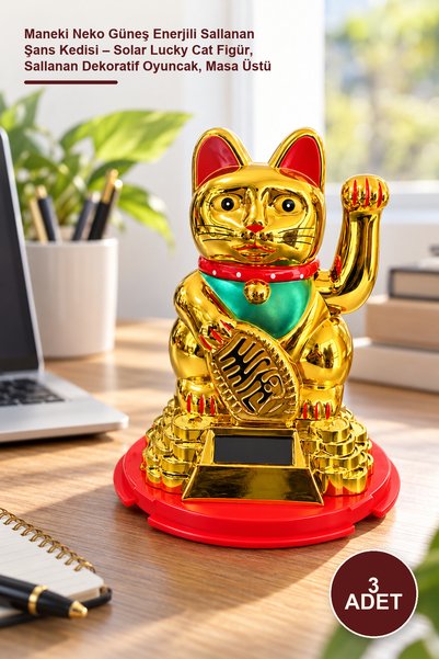 Yenilig 3 Adet Maneki Neko Güneş Enerjili Sallanan Şans Kedisi – Solar Lucky Cat Figür, Sallanan Dekoratif Oyuncak, Masa Üstü