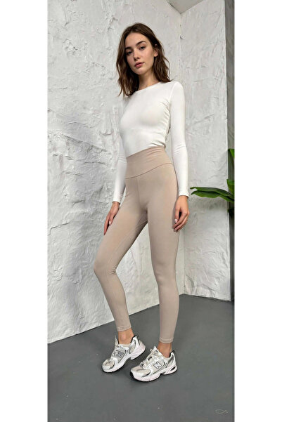Niora Moda Kadın Bej Yüksek Bel Yüksek Esneklik Premium Spor Tayt