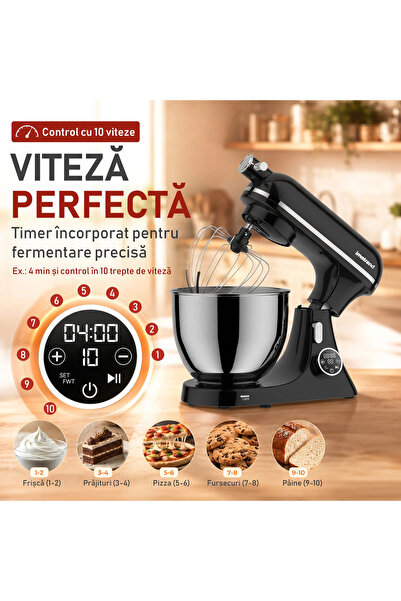 IMA TREND Mixer profesional cu bol din oțel inoxidabil, 2000W, 7L, funcție de dospire a aluatului, panou digital, 10 viteze, negru