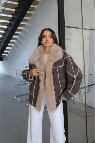 Havoş Bitter Brown Leather Coat with Fur Inside and Collar
