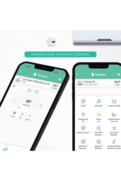 Sensibo جهاز تحكم ذكي لمكيف الهواء من سينسيبو، معتمد من أبل هوم كيت. تركيب سريع خلال 60 ثانية. يبقى على استقامة ميزات الراحة وتوفير الطاقة. متوافق مع جوجل، أليكسا، أبل هوم كيت، وسي.