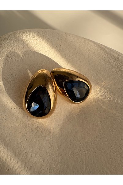 BHR AKSESUAR Gold Color Navy Blue Zircon Stone Tiny Earrings (2.6 cm)