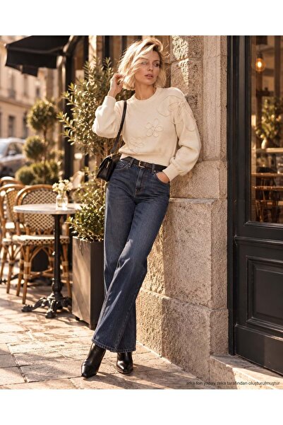 ibeeka Pulover cu design cu model floral în relief, culoare ecru