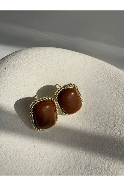BHR AKSESUAR Gold Color Brown Retro Tiny Earrings (2 cm)