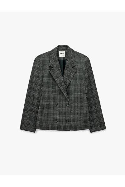 Koton Loose Fit Long Sleeve Double Breasted Buttoned Plaid Blazer Jacket