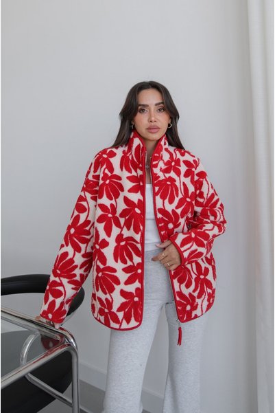 Havoş Red Floral Patterned Zippered Fleece Jacket