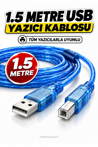 nelerbulurum Tüm Yazıcılara Uyumlu 1.5 Metre Mavi Renkli Usb Yazıcı Printer Ara Kablosu (HP, Canon, Epson, Brother, Samsung, Xerox, Lexmark, Pantum)