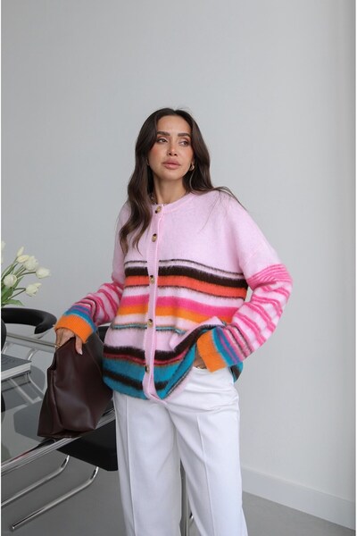 Havoş Pink Vael Striped Buttoned Cardigan