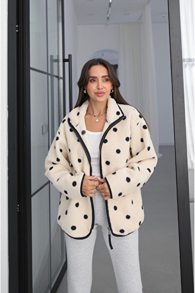 Havoş Ecru Polka Dot Patterned Zippered Fleece Jacket