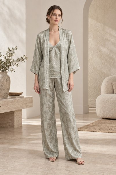 Loule Women's Mint Satin Kimono Pajama Set Patterned V-Neck Strap Top Pants 3 Piece