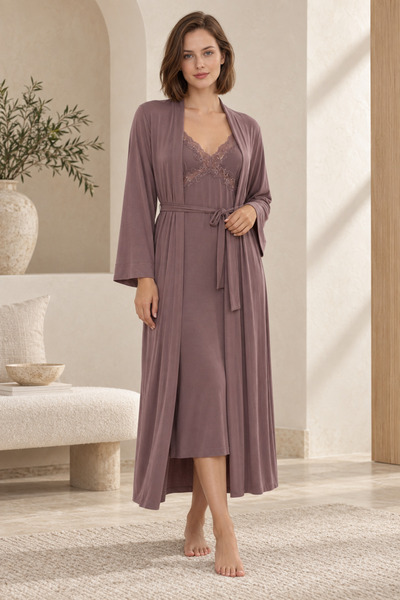 Loule Women's Plum Modal Nightgown and Long Dressing Gown Set Lace V-Neck 2 Piece