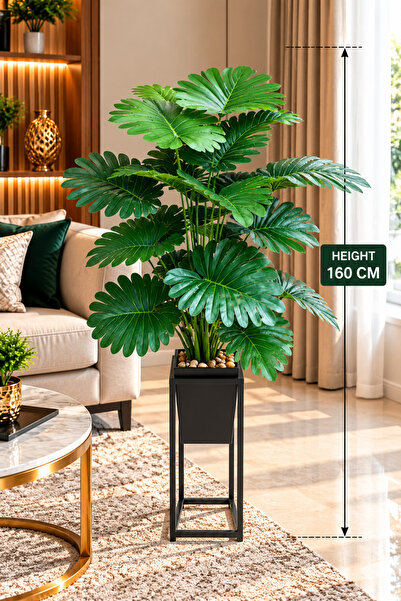 Generic Brand نبات أخضر اصطناعي بطول 160 سم مع وعاء خشبي وحامل أسود