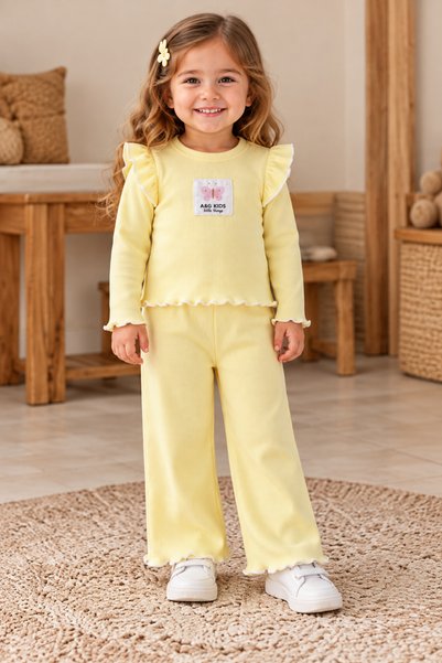 AKİF GİYİM Kız Bebek & Çocuk Pamuklu Fitilli Kumaş Fırfırlı Alt Üst Takım