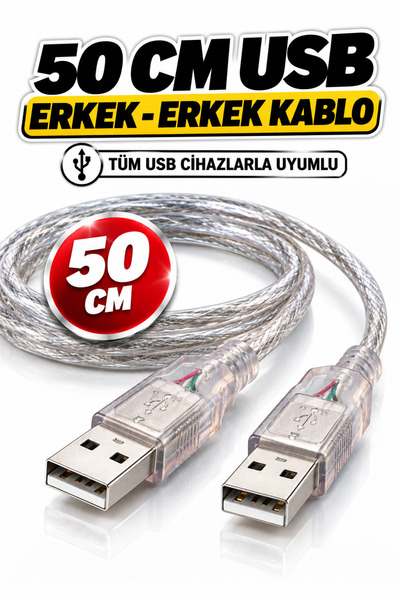nelerbulurum USB 2.0 Erkek Erkek Kablo 50 CM Şeffaf 480 Mbps | Notebook Soğutucu, Web Kamera, Harici Disk ve Bilgisayar Bağlantı Kablosu