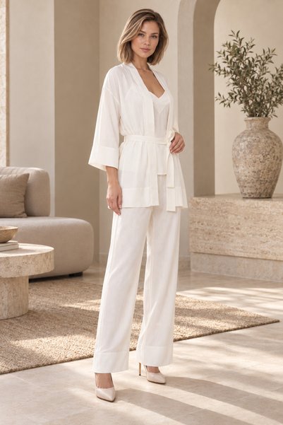 Loule Women's Ecru Kimono Pajama Set Thin Striped Strap Top Pants 3 Pieces