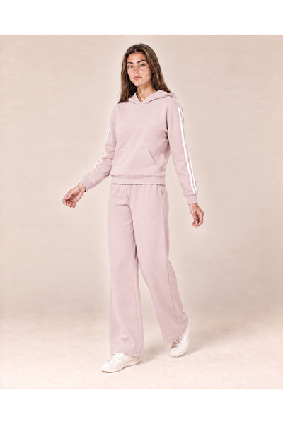 TOP CLOTHE طقم نسائي رياضي هودي وبنطال واسع بخطوط جانبية