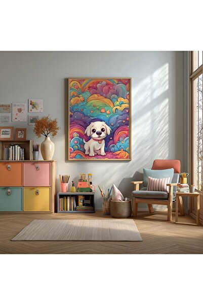 KEYFHOME Poster colorat cu câine drăguț înrămat din MDF, cadou decorativ de p...