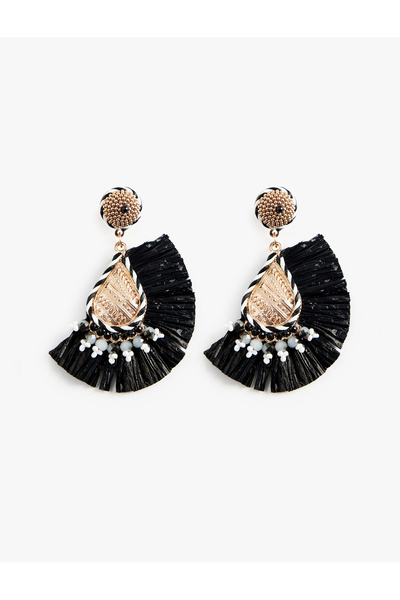 Koton Large Straw Earrings with Hanging Beads