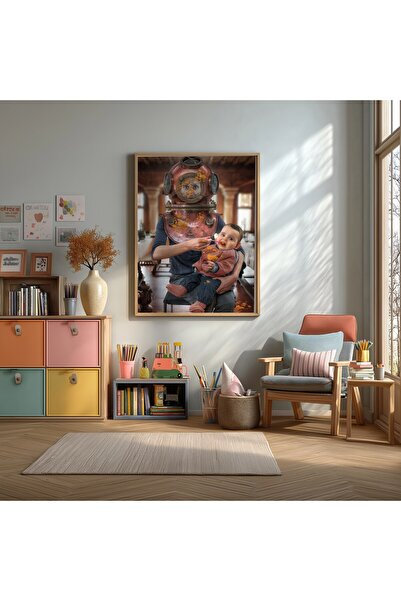 KEYFHOME Tata scafandru care își hrănește copilul înrămat MDF tablou poster c...