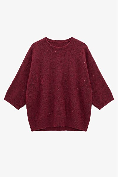 Havoş Burgunderfarbener Glow-Pullover mit halben Ärmeln
