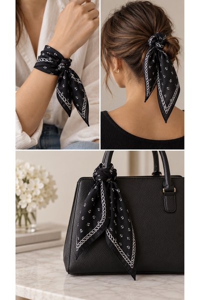 HER ŞEY NOTA www.herseynota.com مجموعة من 50 وشاح أسود منقوش مقاس 52x52 سم 100% قطن مربع متعدد الاستخدامات